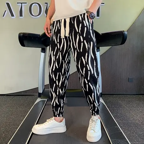 夏季花色潮流百搭休闲高级九分束脚冰丝凉感抽绳垂感痞帅9分裤男商品大图