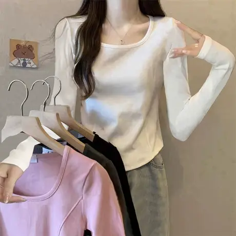 弧度下摆U领长袖女秋季T恤2023新款纯色修身百搭锁骨打底衫上衣潮商品大图