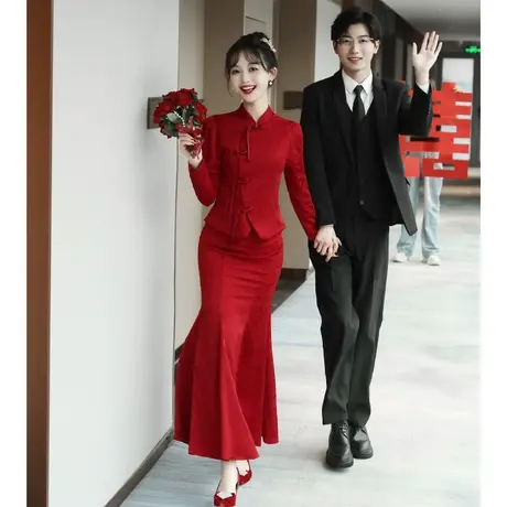 敬酒服2023新款新娘鱼尾修身冬季长袖订婚礼服中式旗袍秀禾服嫁衣商品大图