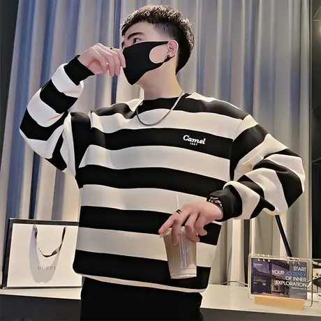 卫衣男春季2024新款美式宽松撞色拼接设计感休闲百搭条纹T恤上衣商品大图