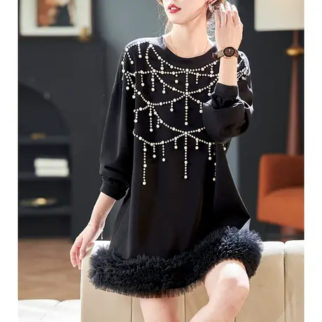 宝诗黎中长款钉珠网纱拼接卫衣女2024新款设计感重工春季休闲上衣商品大图