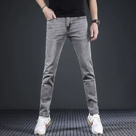 2024新款夏季牛仔裤男款修身小脚薄款烟灰色美式休闲弹力男士裤子商品大图