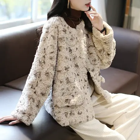 宝诗黎圆领时尚豹纹宽松厚外套春季保暖2024洋气女装毛绒上衣新款商品大图