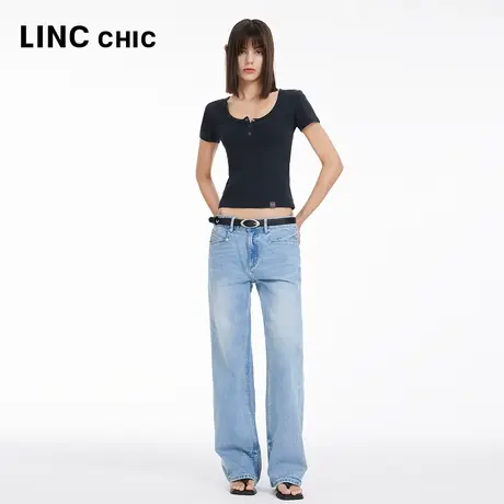 LINCCHIC金羽杰裤子女款中腰水洗宽松垂感直筒牛仔裤女S241JE131Y商品大图