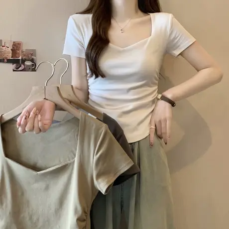 方领露锁骨短袖T恤女夏季小个子短款修身显瘦纯棉半袖上衣体恤潮商品大图