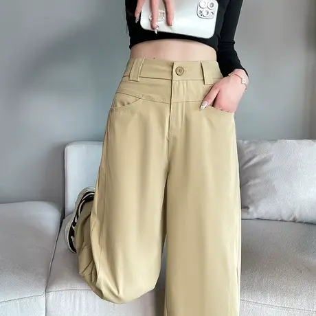 藏蓝色休闲阔腿西装裤女2024春秋新款休闲高腰显瘦宽松拖地长裤子商品大图