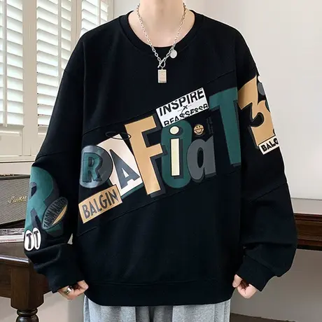 印花圆领卫衣男春秋季新款潮牌宽松休闲长袖t恤男青少年潮流上衣图片