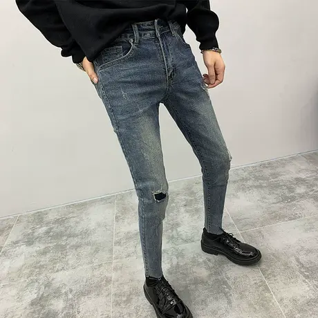 毛边裤脚破洞贴布中性蓝小脚修身牛仔裤男秋季潮牌乞丐补丁小码裤图片