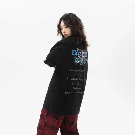 YEP复古黑色印花短袖t恤女夏季2024年新款纯棉半袖情侣装宽松上衣商品大图