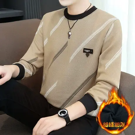 男士加绒毛衣圆领加厚打底衫潮流针织小衫青少年冬季保暖衣服冬装商品大图