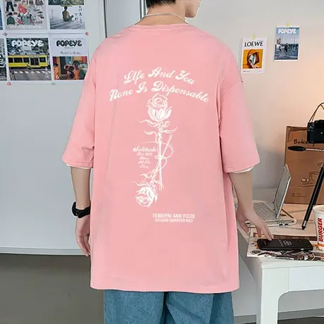 短袖T恤男2024新款玫瑰印花情侣半袖上衣夏季潮牌宽松男生体恤衫商品大图