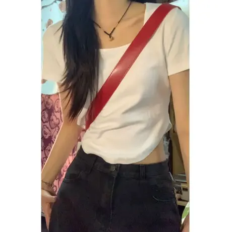 方领露锁骨短袖T恤女夏天韩版修身短款打底小衫外穿内搭半袖上衣商品大图