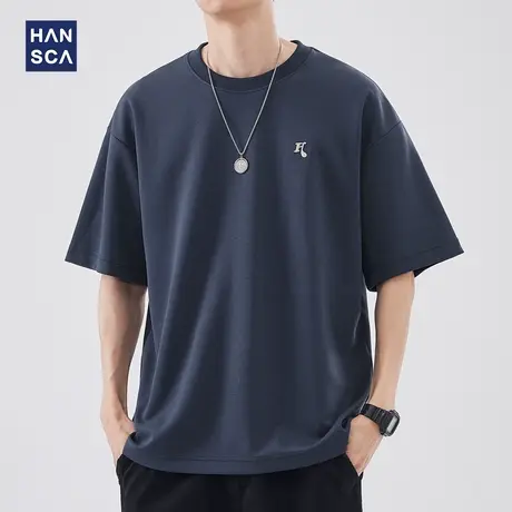 hansca圆领宽松短袖t恤男夏季2024新款刺绣重磅美式简约潮牌上衣商品大图