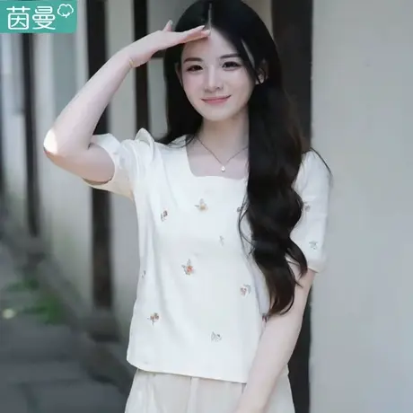 茵曼奶系穿搭夏天上衣短袖T恤女款2024新款泡泡袖体桖丅恤夏季商品大图
