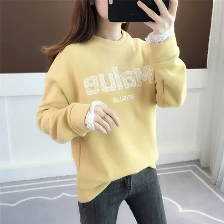 拼接蕾丝袖卫衣女圆领套头2023年秋冬新款百搭字母印花上衣百搭潮商品大图