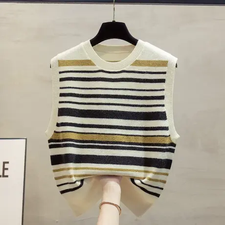细针圆领条纹针织面马甲背心女2023秋装新款宽松外穿马夹毛衣坎肩图片