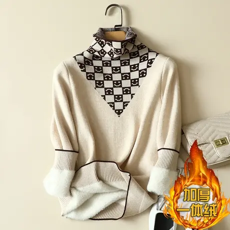 秋冬加绒毛衣女加厚一体绒内搭堆堆高领套头打底针织衫保暖上衣女商品大图