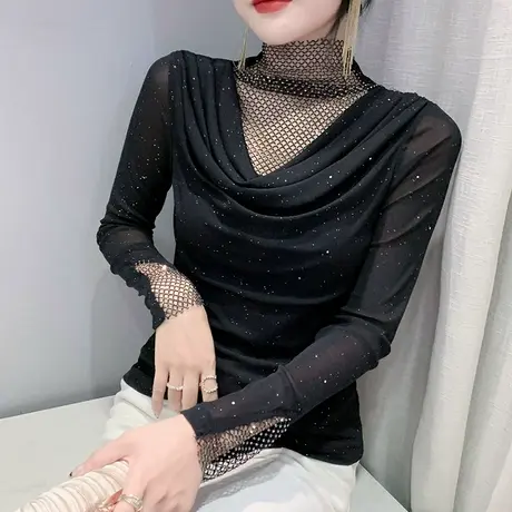 性感网纱长袖T恤女设计感重工烫钻拼接上衣显瘦半高领打底衫春秋商品大图