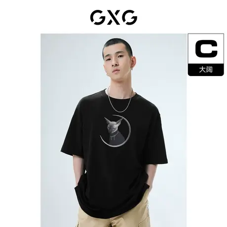 GXG男装 潮流印花黑色圆领短袖T恤KYSHA CAT联名2022年秋季新品图片