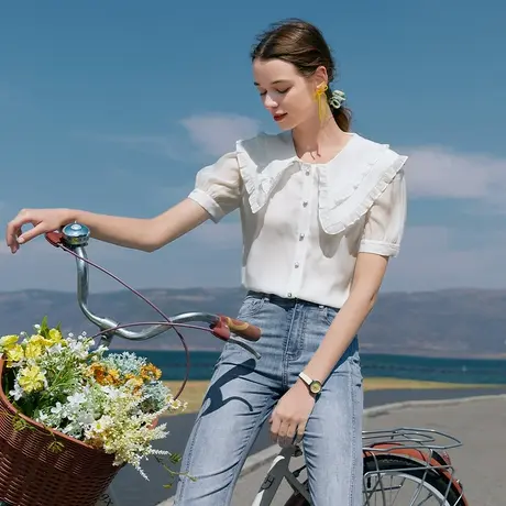 香影大娃娃领衬衫女2023夏季新款设计感小众天丝衬衣短袖白色上衣图片