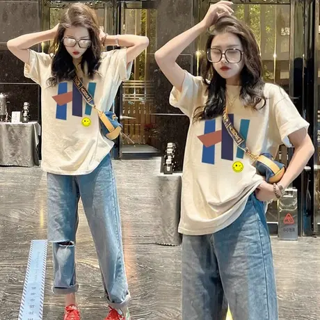 杏色纯棉宽松正肩短袖T恤女2023夏季新款欧货大版设计感上衣ins潮商品大图