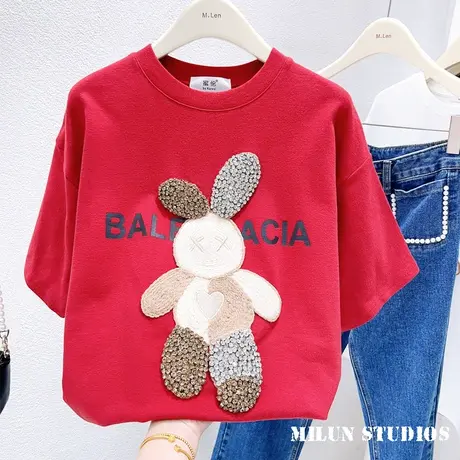 本命年上衣女早春新款重工水钻钉珠兔子磨毛加厚T恤秋冬欧货大码图片
