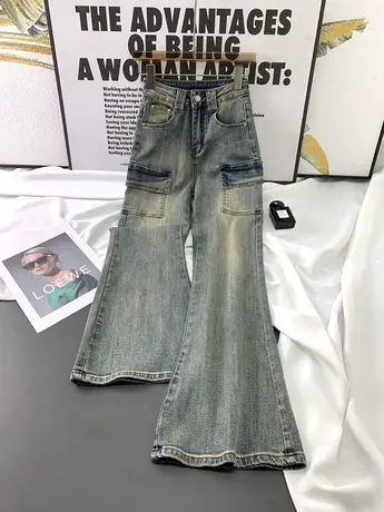 韩版口袋工装牛仔喇叭裤女2023秋季新款显瘦高腰微喇裤弹力马蹄裤商品大图