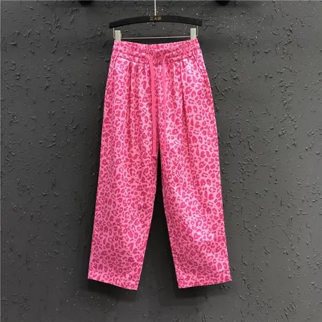 休闲洋气玫粉色豹纹松紧高腰抽绳老爹裤女夏季新款欧货宽松哈伦裤商品大图