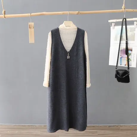 中长款针织马甲背心裙女秋装新款无袖V领毛衣连衣裙过膝坎肩马夹商品大图