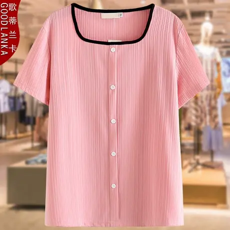 年轻气质胖妈妈夏装短袖小衫洋气时尚坑条棉上衣加肥加大码女T恤商品大图