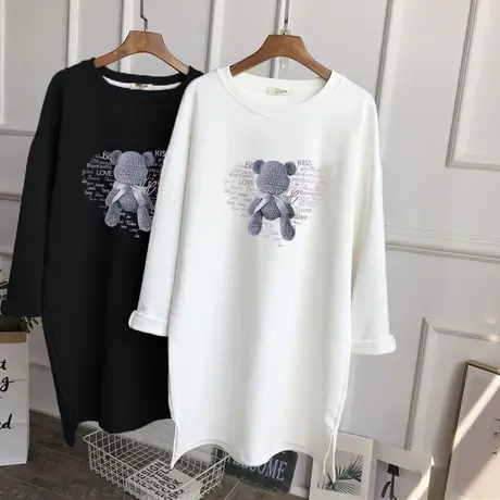 秋冬韩版宽松中长款上衣2022新款百搭打底宽松白色小熊T恤女长袖商品大图