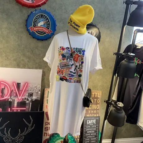 短袖t恤女夏季2020新款韩版ins潮宽松大码休闲中长款连衣裙子上衣商品大图