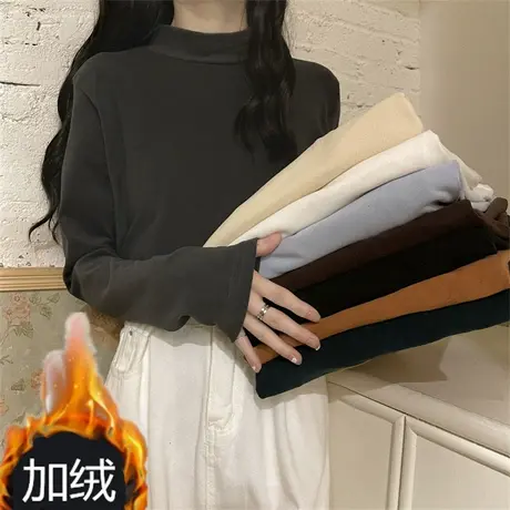 黑色德绒打底衫女秋冬季内搭半高领长袖t恤2023新款加绒保暖上衣商品大图