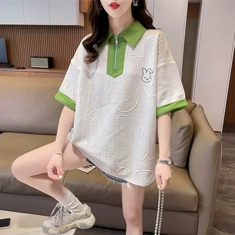 小众设计感翻领polo衫短袖t恤女夏装韩版宽松大码女装中长款上衣图片