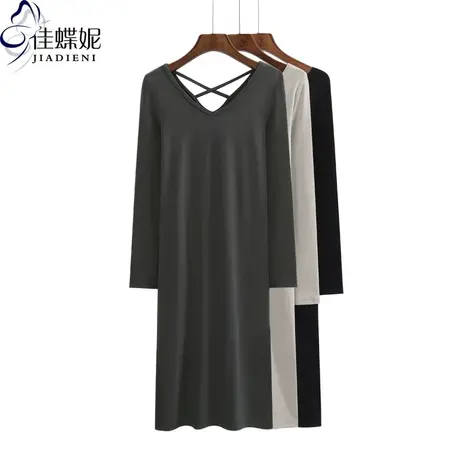春秋新款韩版双V领宽松纯白长款长袖体恤打底纯色连衣裙T恤女装商品大图