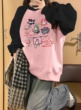 插肩圆领卫衣女薄款春秋2023新款宽松慵懒风拼色小众设计感上衣潮图片