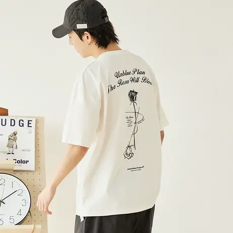 玫瑰印花潮牌潮流男士t恤短袖夏季男款衣服国潮白色半袖打底体恤图片