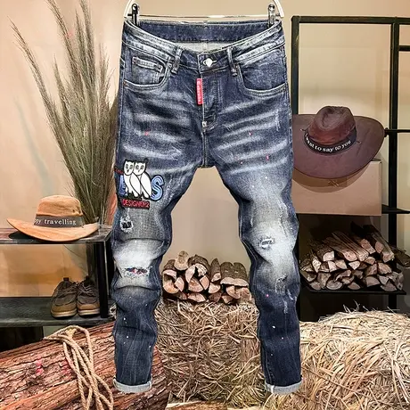 欧美耐磨牛仔裤男时尚刺绣修身直筒裤潮牌复古水洗做旧刮烂小脚裤图片