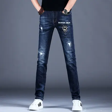 深蓝色刺绣破洞牛仔裤男款潮牌修身小脚裤子男士韩版潮流2023新款图片
