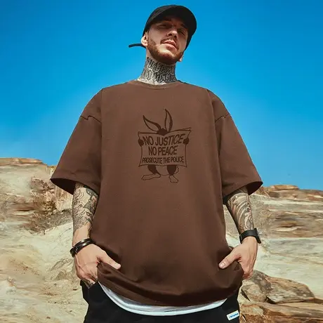 美式重磅潮牌宽松T恤胖子短袖日系少年感五分袖大码男装夏季潮流商品大图