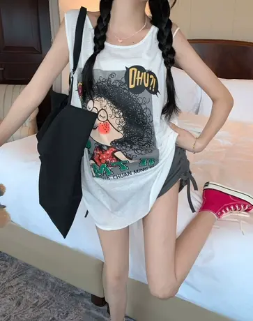 纯棉吊带运动坎肩背心无袖t恤女夏季设计感小众外穿宽松挂脖上衣图片