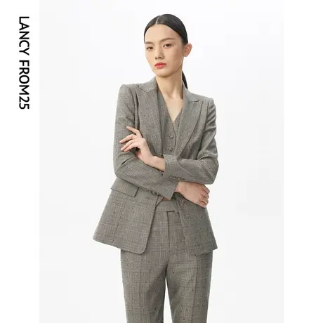 朗姿新款女士西装外套秋冬时尚通勤格纹拼接上衣外套女商场同款图片