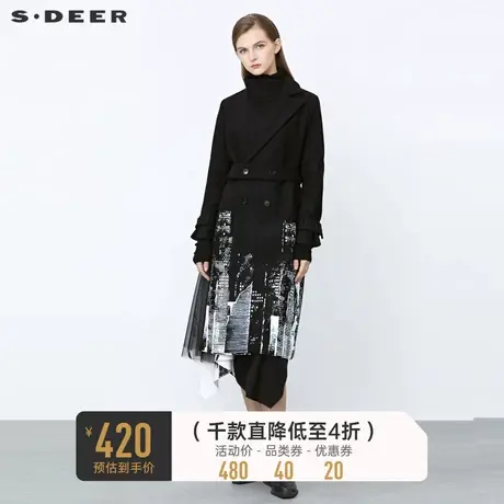 sdeer圣迪奥不规则双排扣收腰网纱印花毛呢大衣S21481819图片