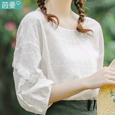 茵曼甜美气质灯笼袖衬衣女士2023年夏季宽松白衬衫设计感法式上衣商品大图