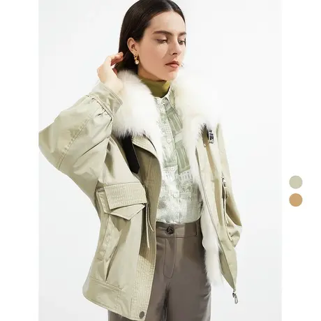 朗姿OL风格法式外套女冬奥莱新款狐狸毛翻领短款派克服大衣女图片