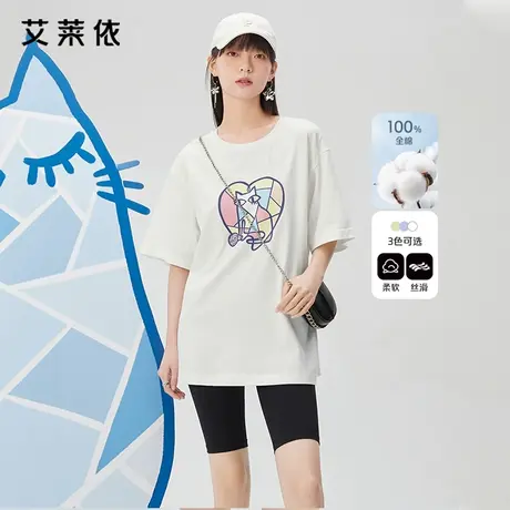 艾莱依纯棉短袖t恤夏全棉新款半袖个性印花oversize休闲宽松上衣商品大图