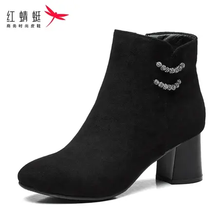 红蜻蜓女鞋高跟短靴秋冬新款尖头粗跟加绒保暖舒适透气防滑职场靴商品大图