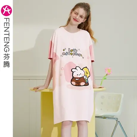 芬腾睡裙女纯棉夏季短袖中长裙可爱卡通少女韩版布朗熊家居服睡衣商品大图