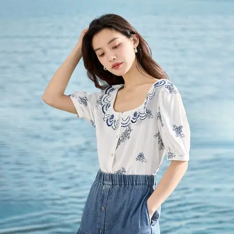 【商场同款】茵曼复古衬衫2023夏季女装新款方领镂空绣花短袖上衣商品大图