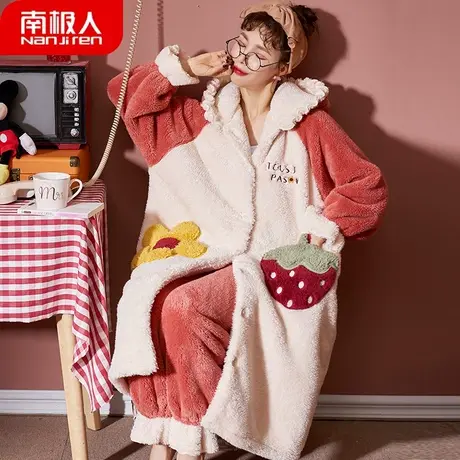 睡衣女冬季珊瑚绒冬天加绒加厚法兰绒浴袍孕妇可爱睡袍女款秋冬款图片